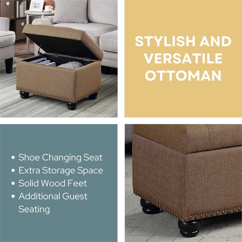 Maklaine Storage Ottoman Sandstone Fabric w/ Solid Wood Feet