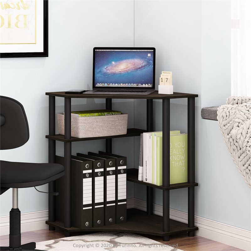 Maklaine Turn-N-Tube Wood Space Saving Corner Desk with Shelves - Espresso/Black