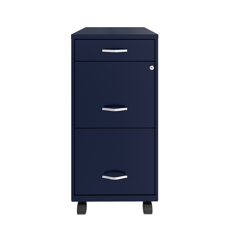 Maklaine 18in Deep 3 Drawer Mobile Metal Filing Cabinet in Navy