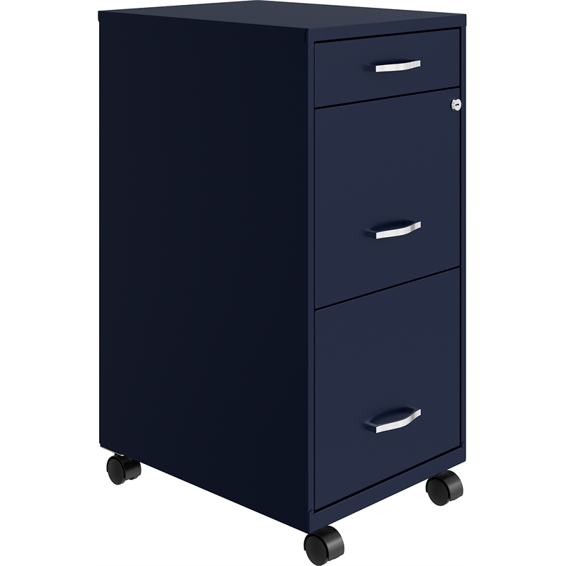 Maklaine 18in Deep 3 Drawer Mobile Metal Filing Cabinet in Navy