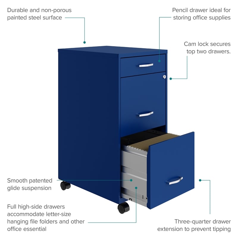 Maklaine 18in Deep 3 Drawer Mobile Metal Filing Cabinet in Classic Blue