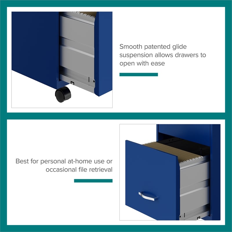 Maklaine 18in Deep 3 Drawer Mobile Metal Filing Cabinet in Classic Blue