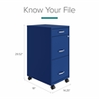 Maklaine 18in Deep 3 Drawer Mobile Metal Filing Cabinet in Classic Blue