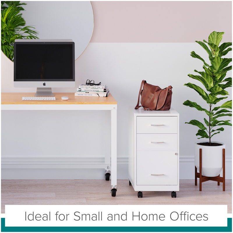 Maklaine 18in 3 Drawer Metal Mobile Filing Cabinet Ball Bearing Slide White