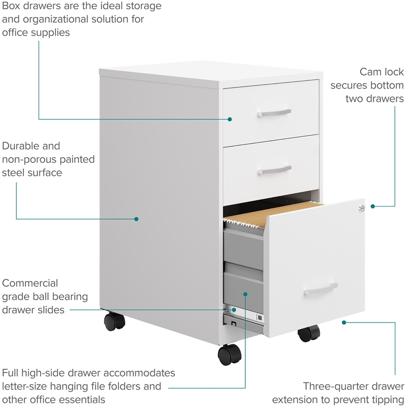 Maklaine 18in 3 Drawer Metal Mobile Filing Cabinet Ball Bearing Slide White