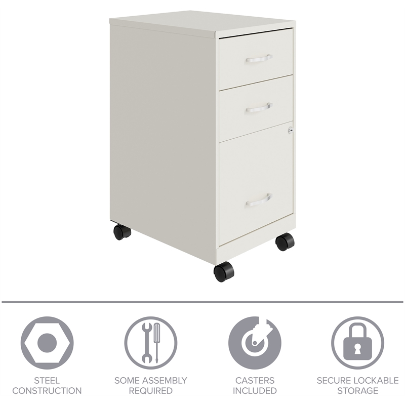 Maklaine 18in 3 Drawer Metal Mobile Filing Cabinet Ball Bearing Slide White