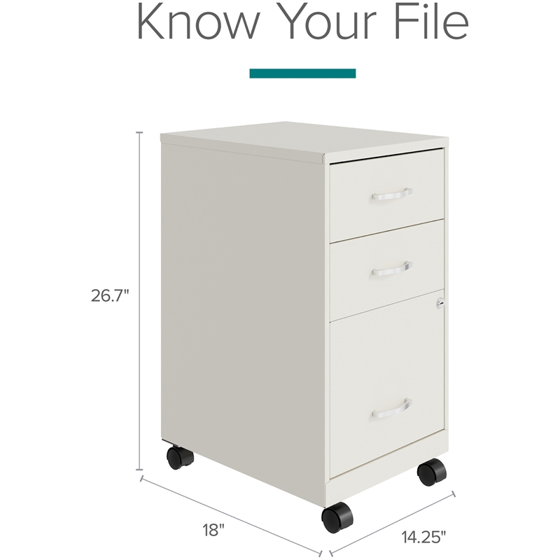 Maklaine 18in 3 Drawer Metal Mobile Filing Cabinet Ball Bearing Slide White