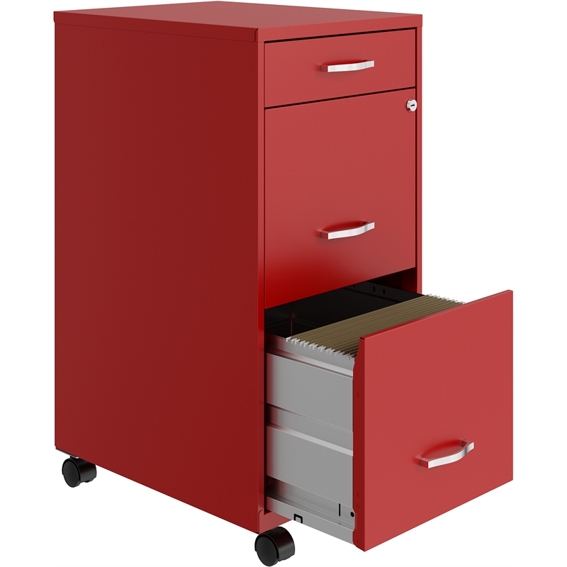 Maklaine 18in Deep 3 Drawer Mobile Metal Filing Cabinet in Lava Red