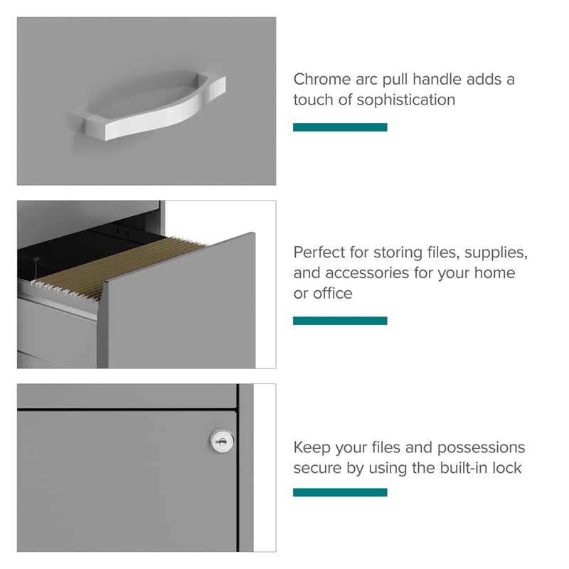 Maklaine 3 Drawer Mobile Modern Metal Filing Cabinet in Artic Silver