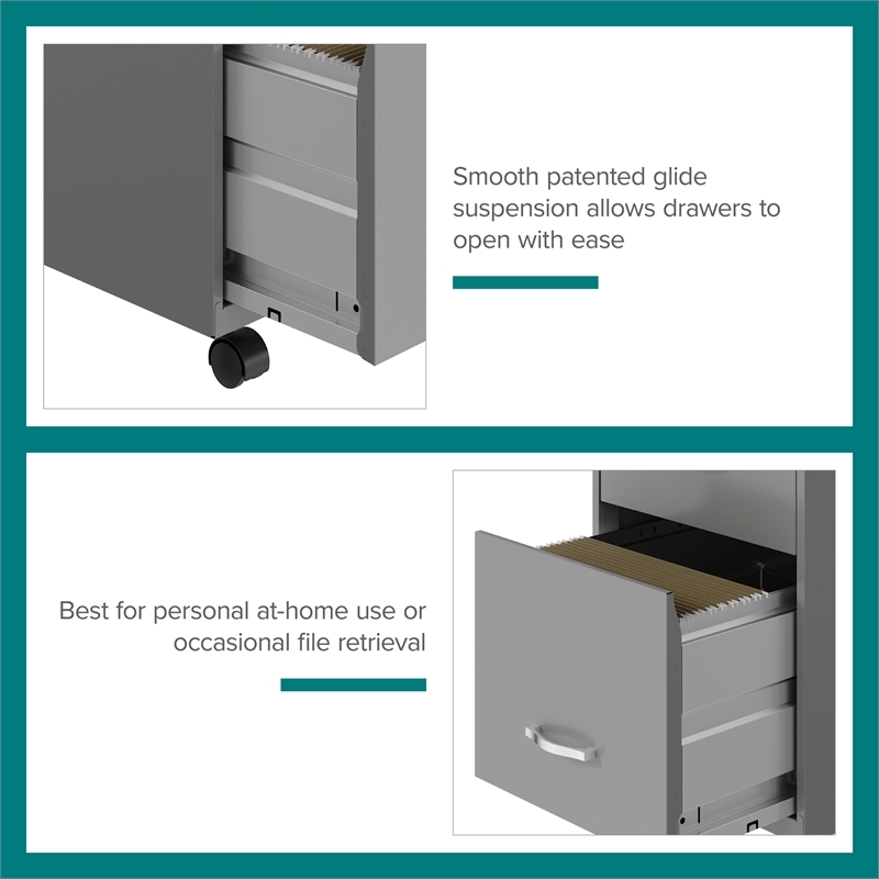 Maklaine 3 Drawer Mobile Modern Metal Filing Cabinet in Artic Silver
