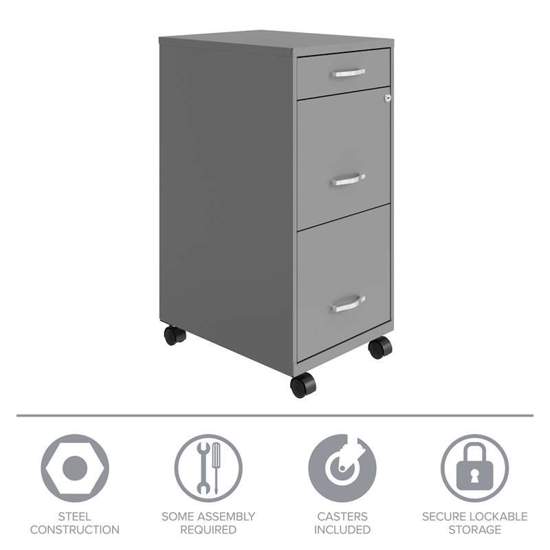 Maklaine 3 Drawer Mobile Modern Metal Filing Cabinet in Artic Silver
