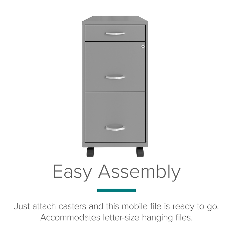 Maklaine 3 Drawer Mobile Modern Metal Filing Cabinet in Artic Silver