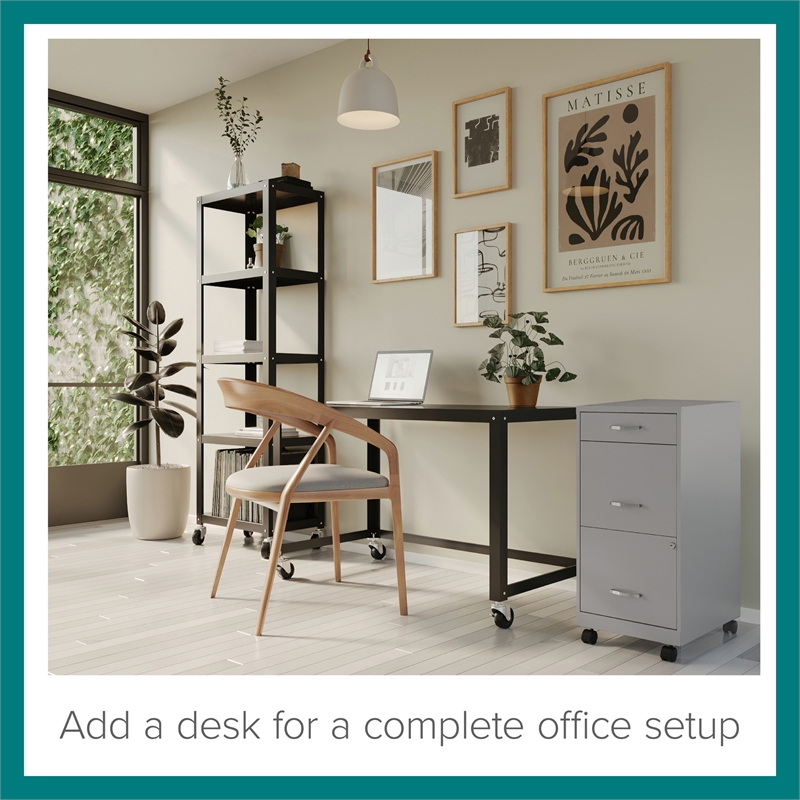 Maklaine 3 Drawer Mobile Modern Metal Filing Cabinet in Artic Silver