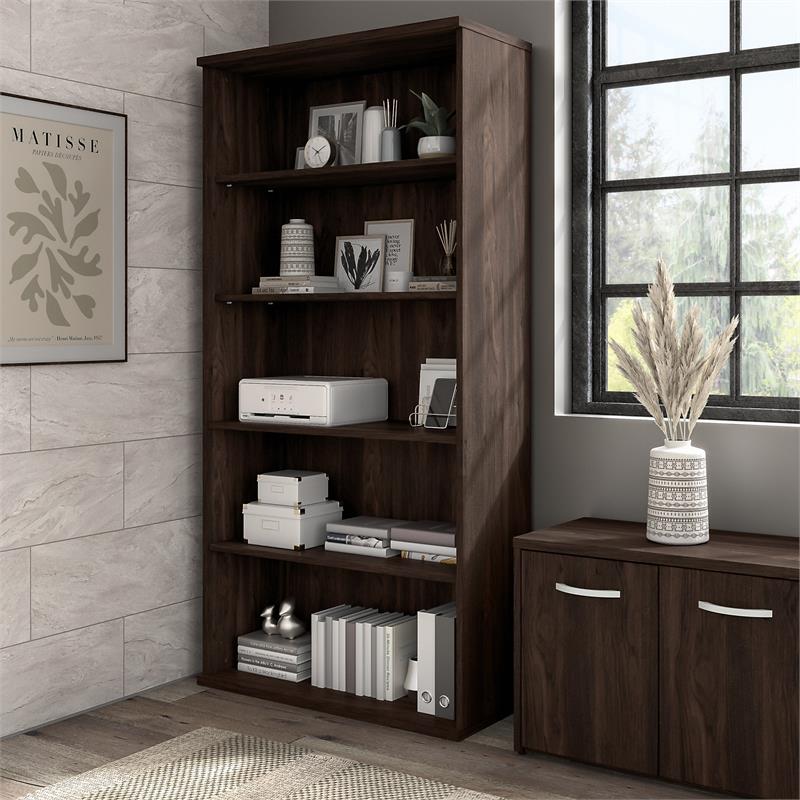 Maklaine Engineered Wood Tall 5 Shelf Bookcase in Black Walnut