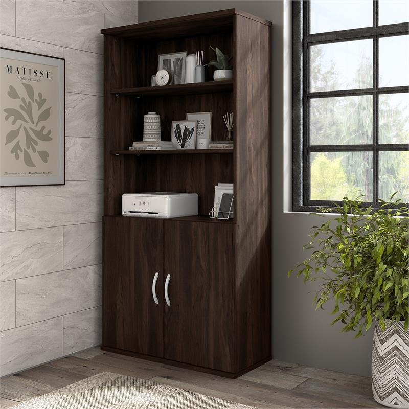 Maklaine Engineered Wood Tall 5 Shelf Bookcase in Black Walnut