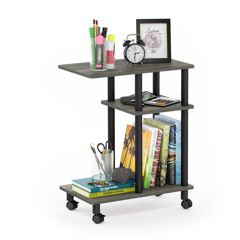 Maklaine Turn-N-Tube Wood Side Table with Casters in French Oak Gray/Black