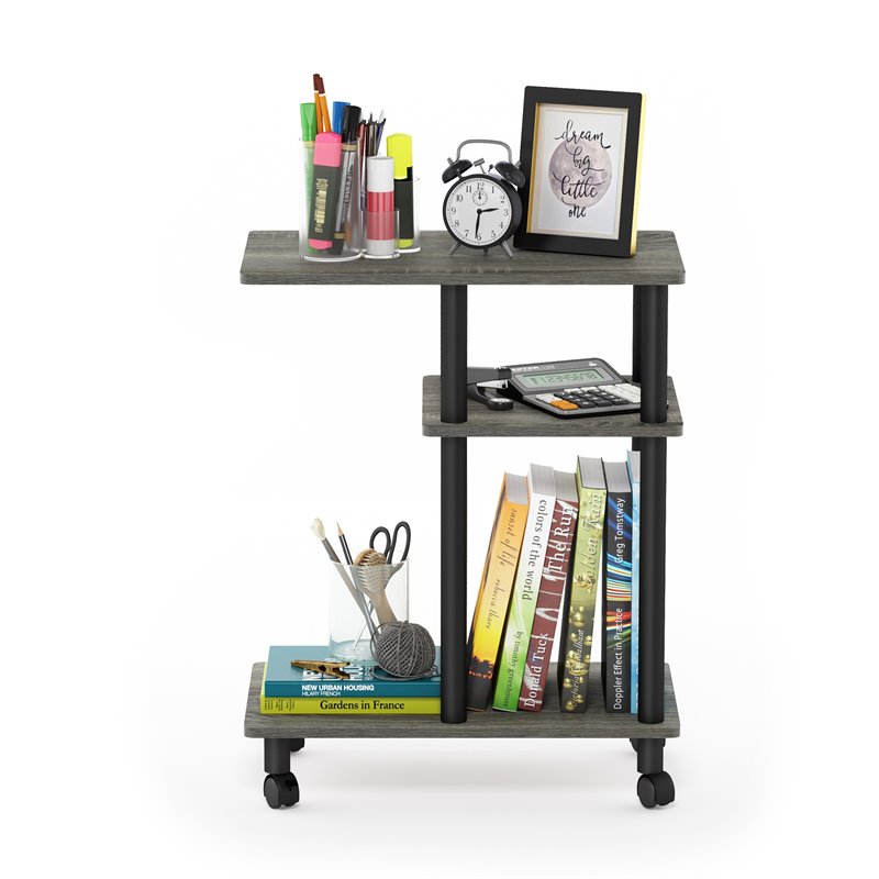 Maklaine Turn-N-Tube Wood Side Table with Casters in French Oak Gray/Black