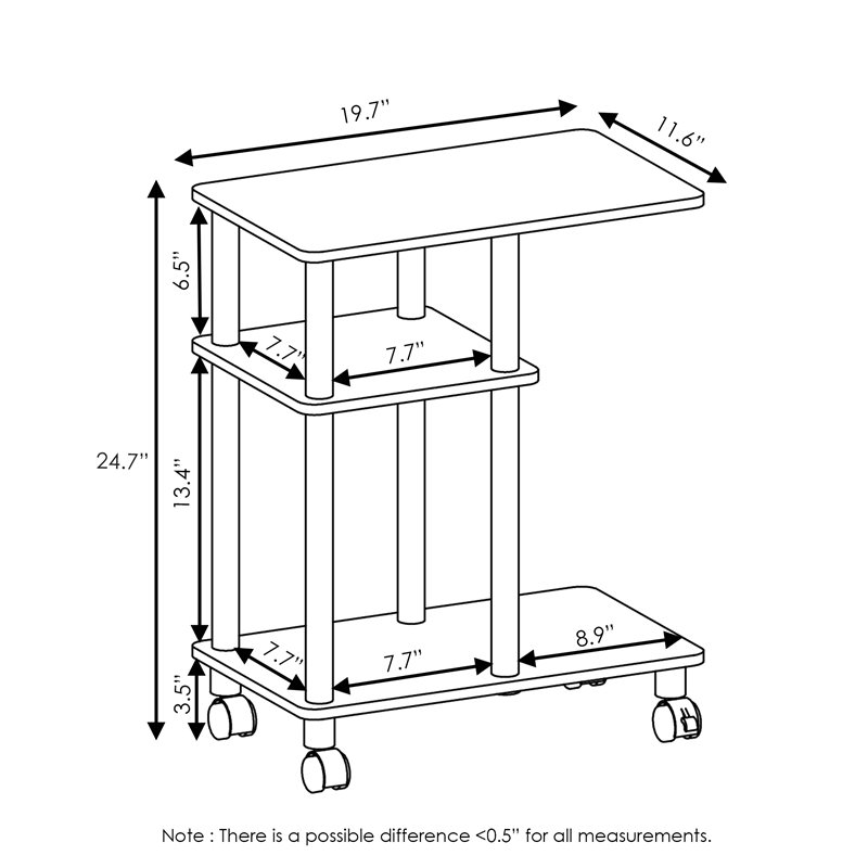 Maklaine Turn-N-Tube Wood Side Table with Casters in French Oak Gray/Black