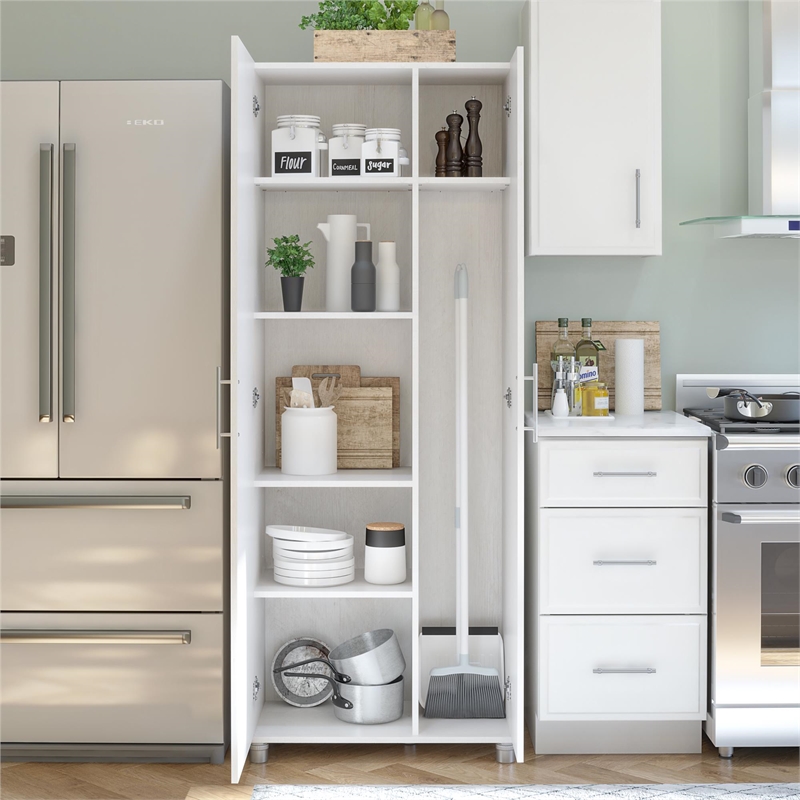 Maklaine Contemporary Tall Asymmetrical Cabinet in Ivory Oak