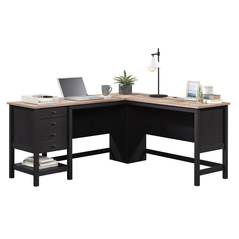 Maklaine Cottage Road Engineered Wood L-Shape Desk in Raven Oak