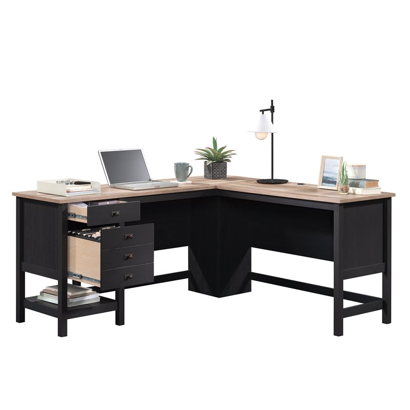 Maklaine Cottage Road Engineered Wood L-Shape Desk in Raven Oak