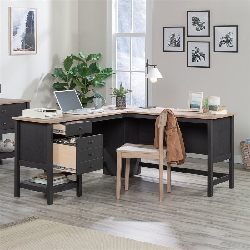 Maklaine Cottage Road Engineered Wood L-Shape Desk in Raven Oak