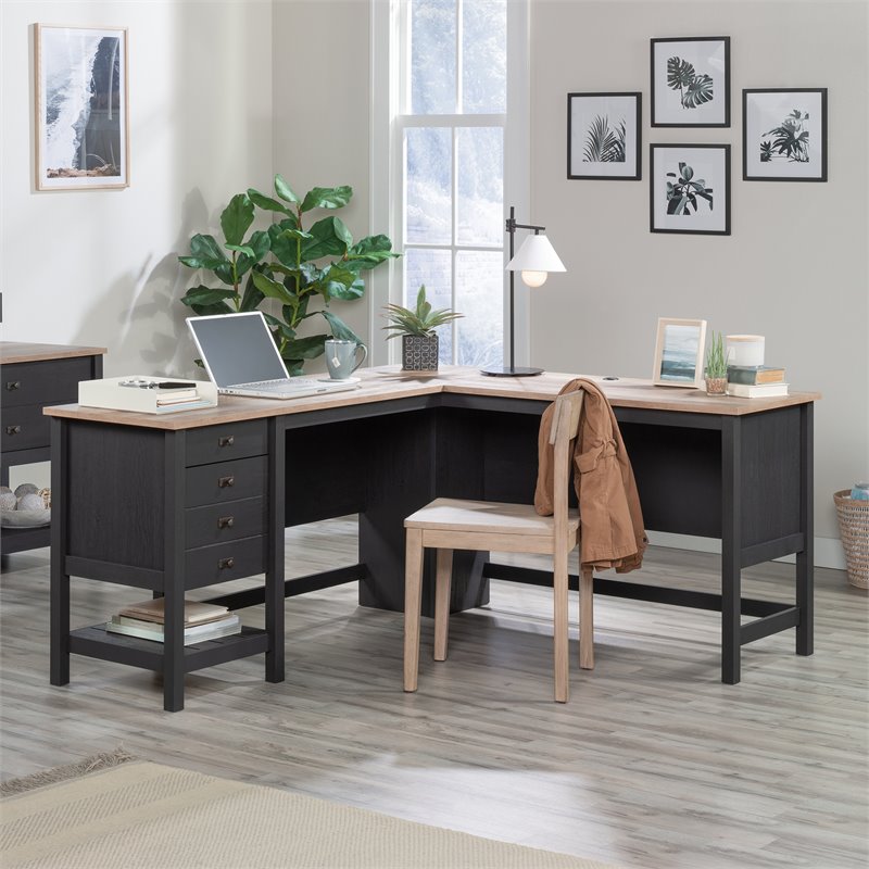 Maklaine Cottage Road Engineered Wood L-Shape Desk in Raven Oak
