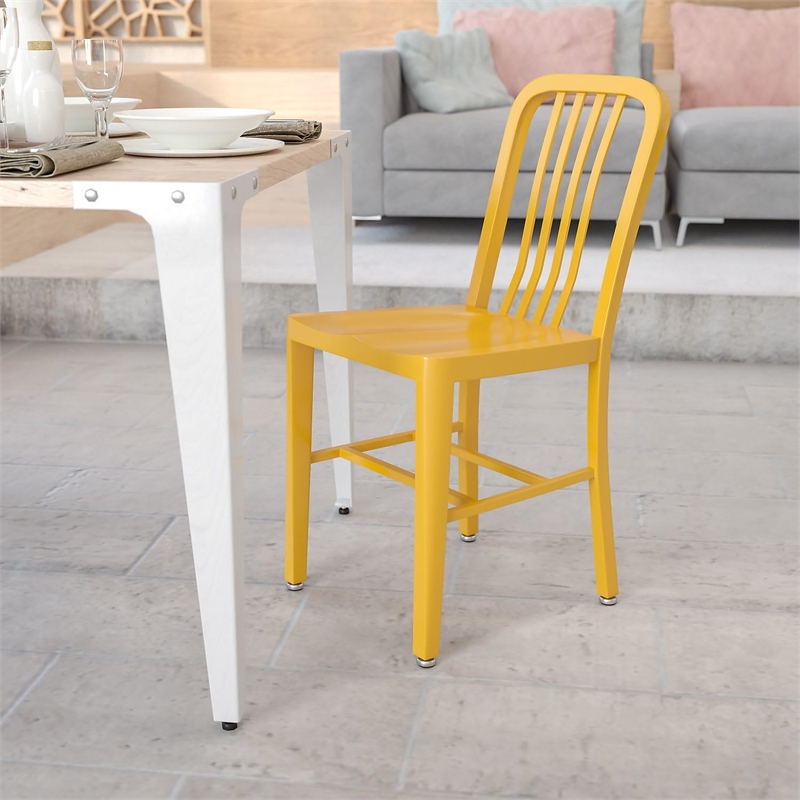 Maklaine Metal Vertical Slat Back Dining Side Chair in Yellow