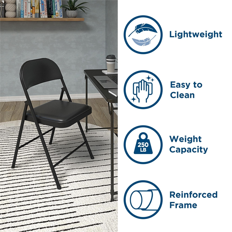 Maklaine Contemporary Smartfold Vinyl Folding Chair in Black (4-Pack)