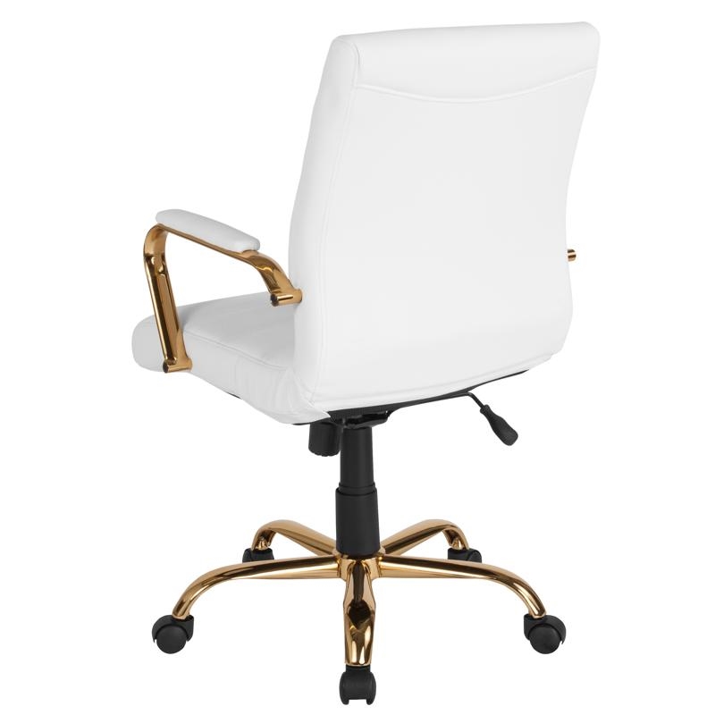 Maklaine Mid Back Leather Office Swivel Chair in White and Gold