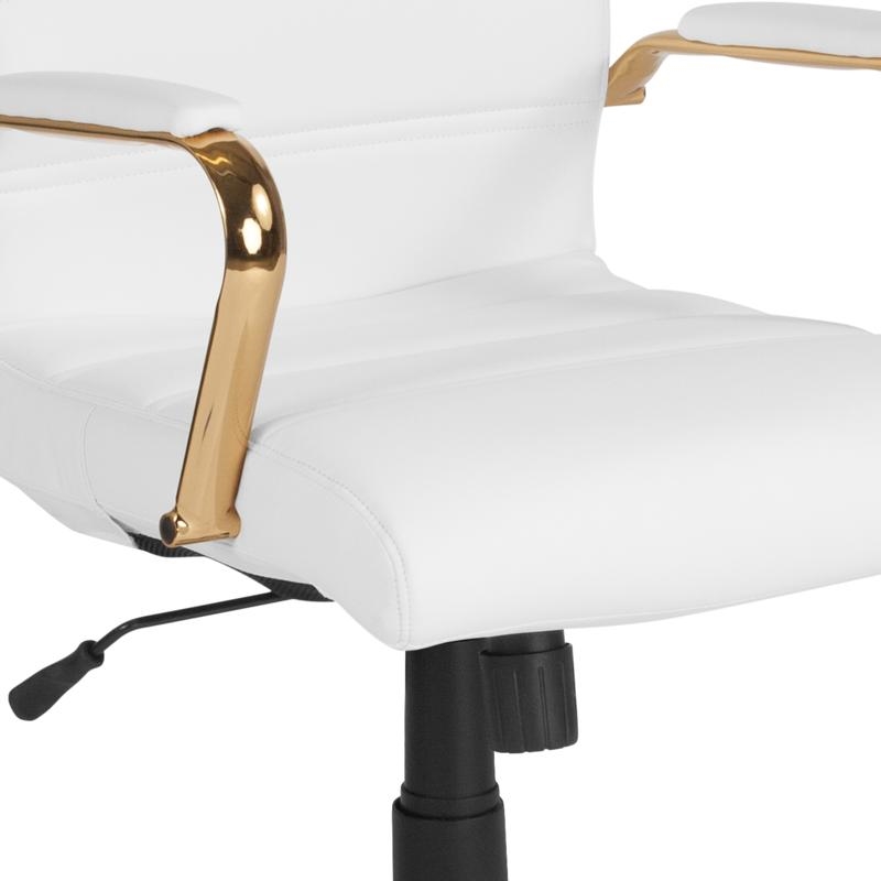 Maklaine Mid Back Leather Office Swivel Chair in White and Gold