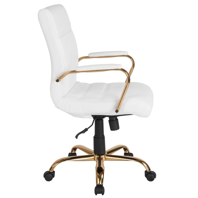 Maklaine Mid Back Leather Office Swivel Chair in White and Gold