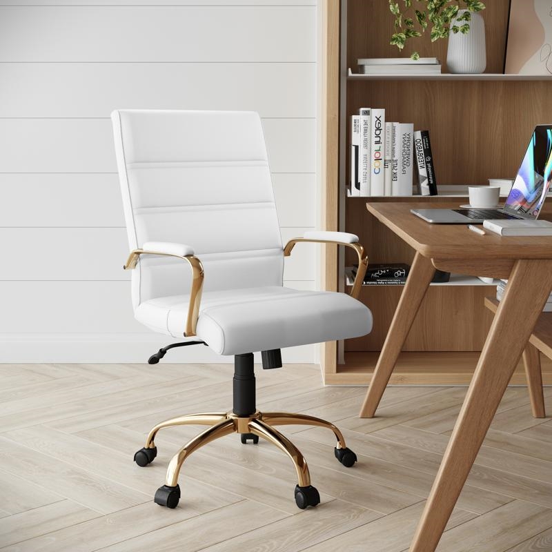 Maklaine Mid Back Leather Office Swivel Chair in White and Gold