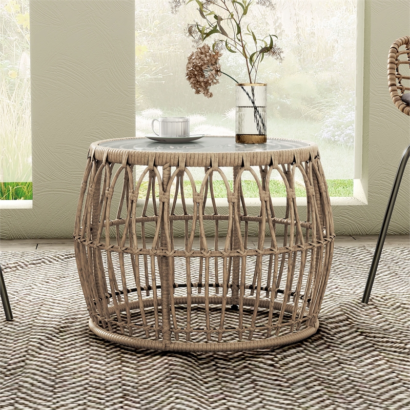 Maklaine Wicker / Rattan Round Outdoor Coffee Table in Natural