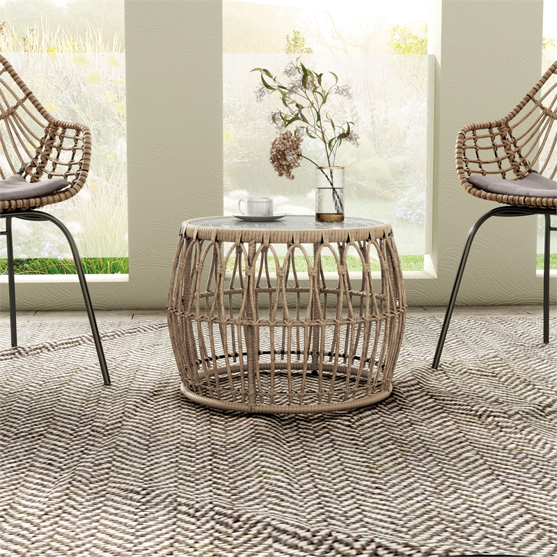 Maklaine Wicker / Rattan Round Outdoor Coffee Table in Natural