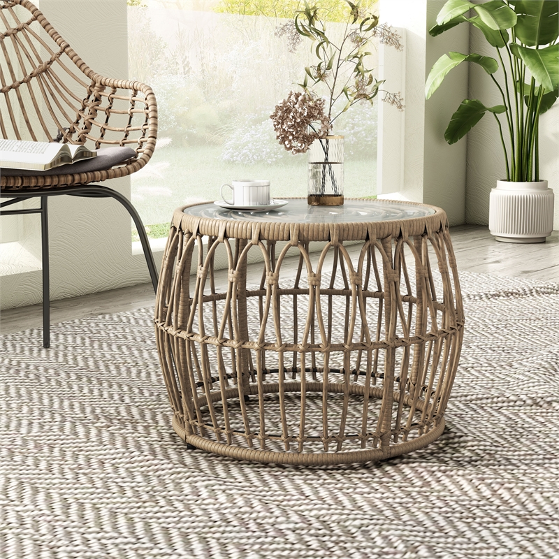 Maklaine Wicker / Rattan Round Outdoor Coffee Table in Natural