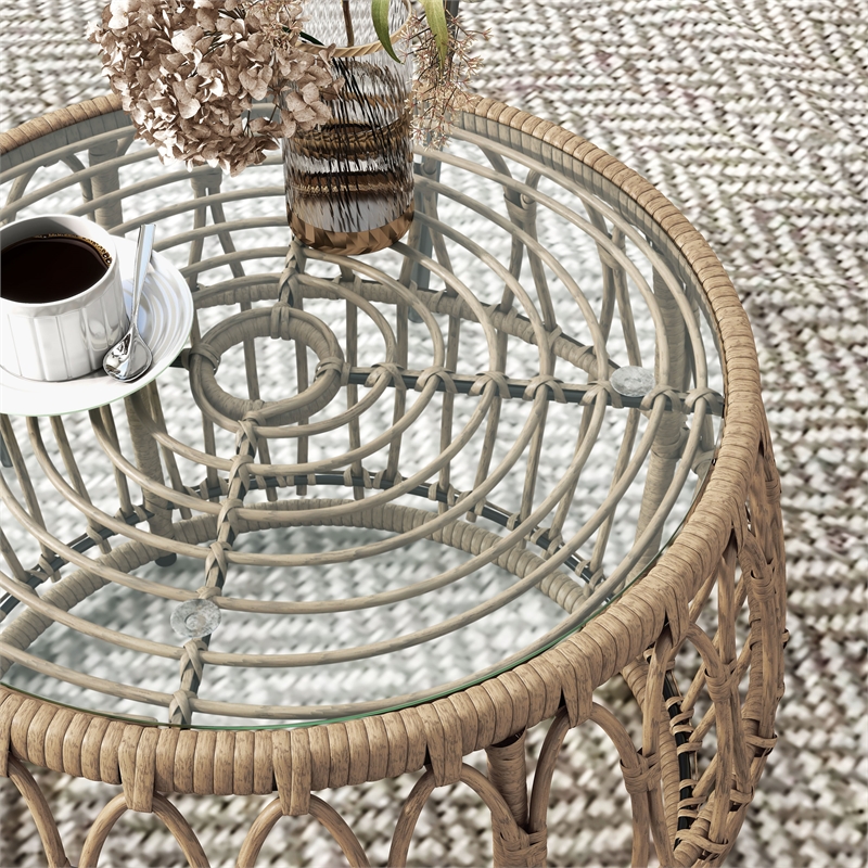 Maklaine Wicker / Rattan Round Outdoor Coffee Table in Natural