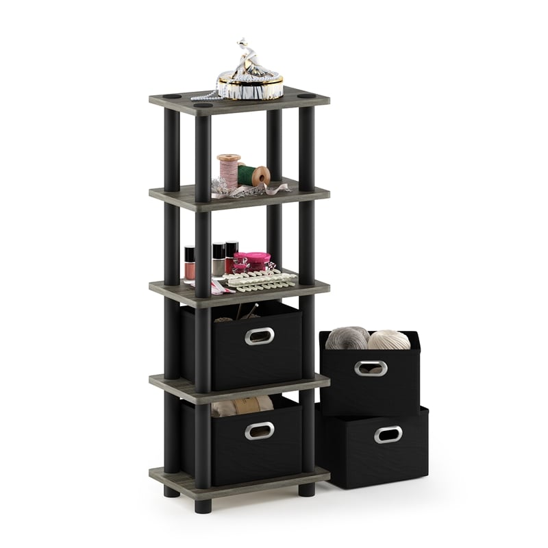 Maklaine Contemporary Turn-N-Tube 4-Bins System Rack in French Oak/Black
