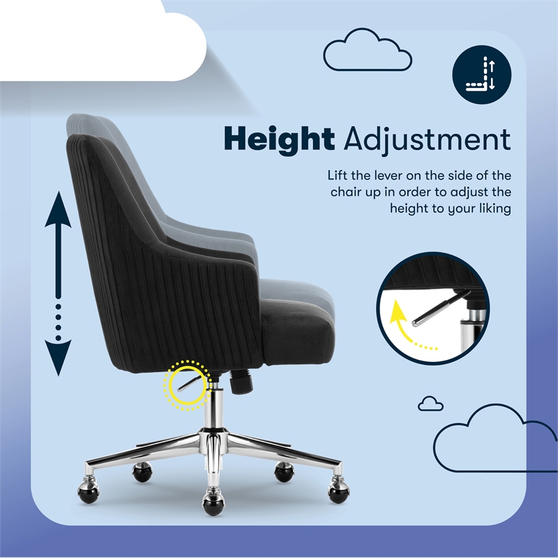 Maklaine Modern MidBack Office Chair Velvet Fabric Silver Metal Base Black