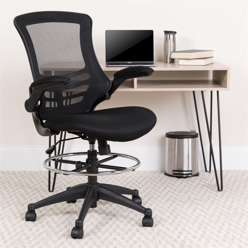 Maklaine Modern Transitional Mid Back Mesh Drafting Stool in Black