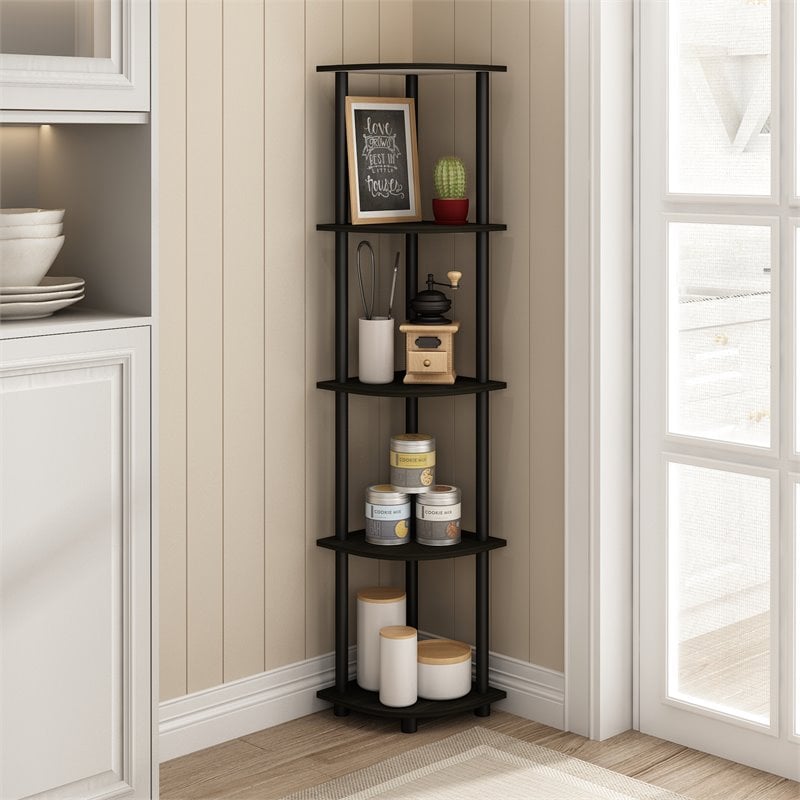 Maklaine Turn-N-Tube Wood 5 Tier Corner Display Rack in Espresso/Black