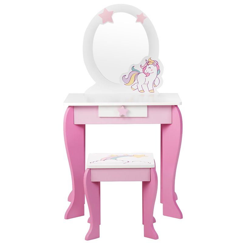 Maklaine Wooden Kids Vanity Makeup Dressing Table Chair Set in White/Pink