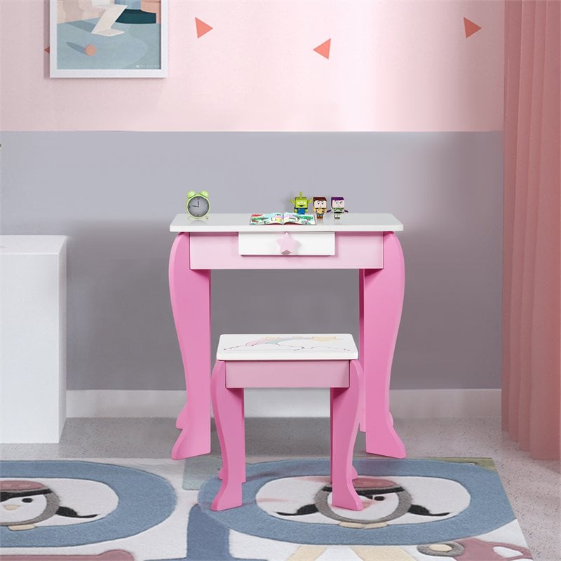 Maklaine Wooden Kids Vanity Makeup Dressing Table Chair Set in White/Pink