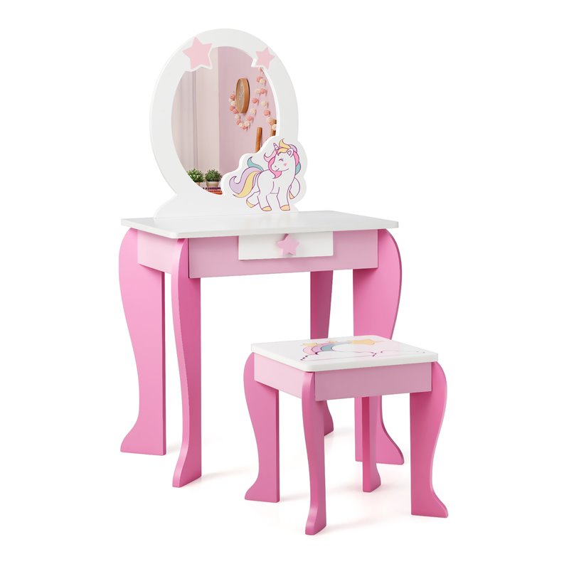 Maklaine Wooden Kids Vanity Makeup Dressing Table Chair Set in White/Pink