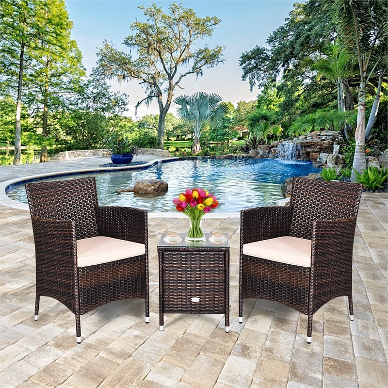 Maklaine 3-piece PE Rattan Outdoor Wicker Furniture Sets Chairs in Beige
