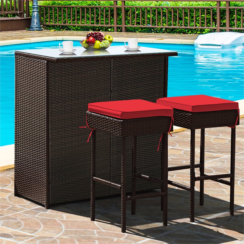 Maklaine 3-piece Rattan and Iron Patio Dining Set with Cushioned Chairs in Red
