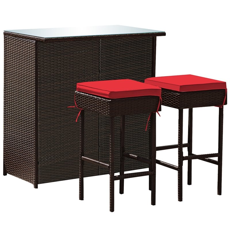 Maklaine 3-piece Rattan and Iron Patio Dining Set with Cushioned Chairs in Red