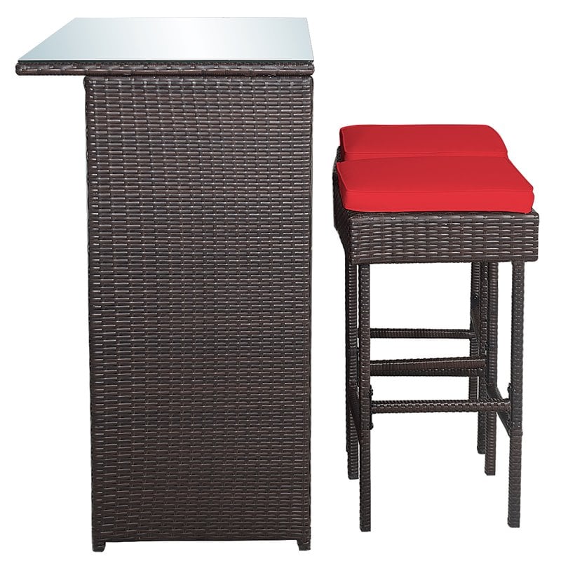 Maklaine 3-piece Rattan and Iron Patio Dining Set with Cushioned Chairs in Red
