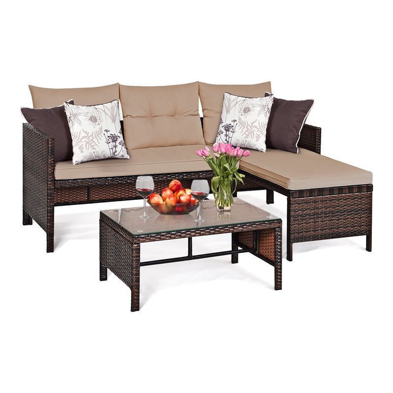 Maklaine 3-piece Contemporary Rattan and Steel Patio Sofa Set in Brown/Beige