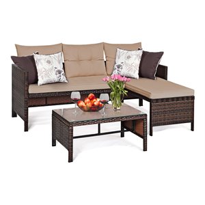 Maklaine 3-piece Contemporary Rattan and Steel Patio Sofa Set in Brown/Beige